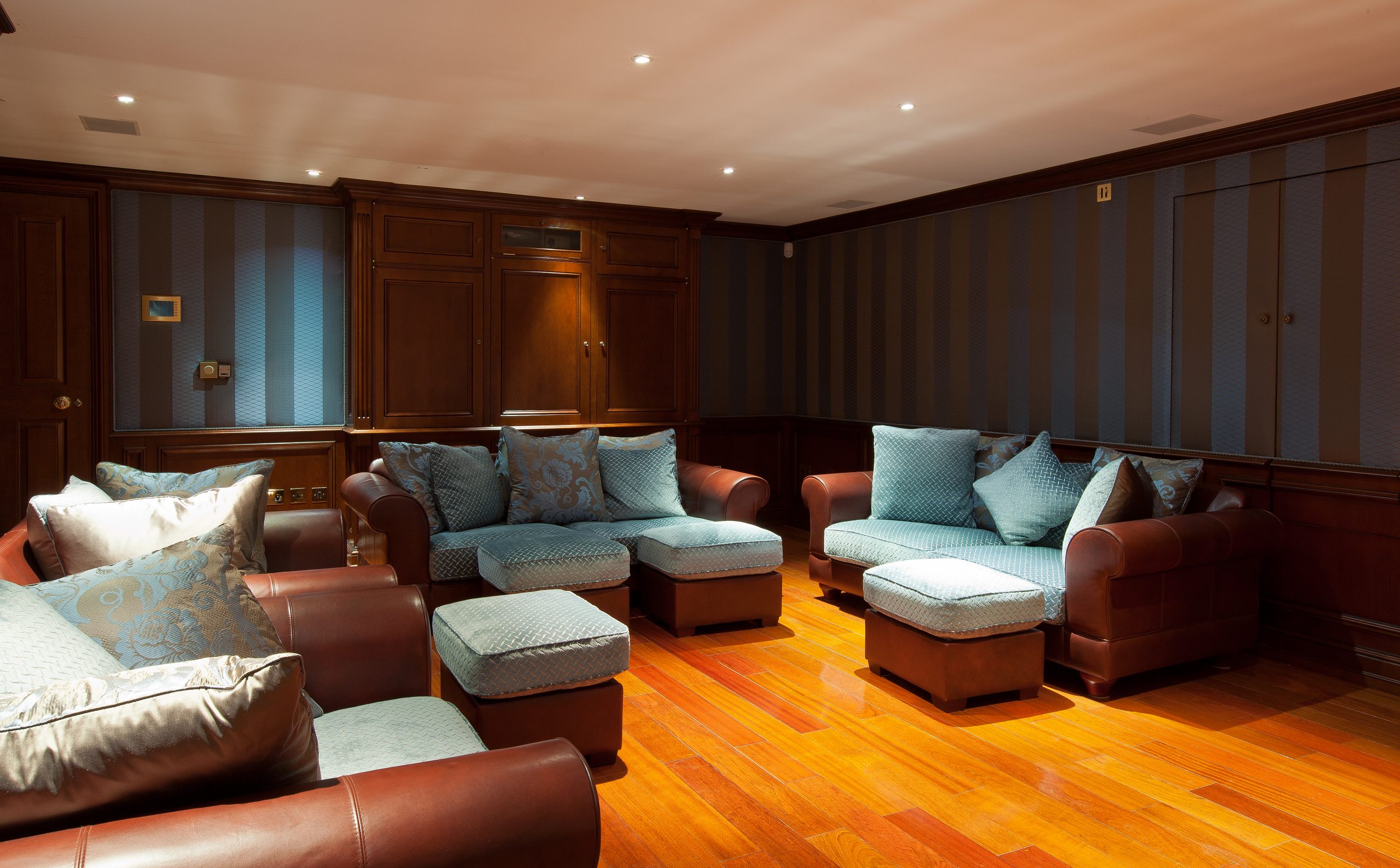 Rear of the room including seating and projector