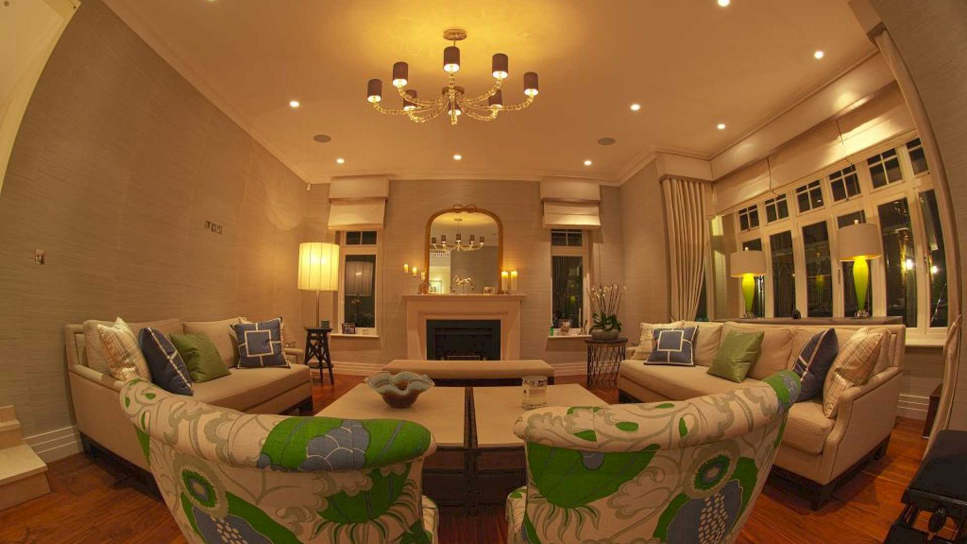Smart home technology in lounge, shows speakers, lighting and motorised blinds