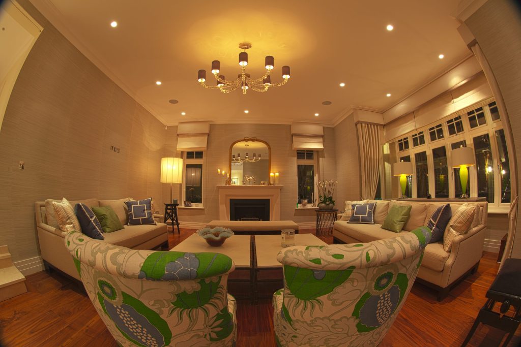 Smart home technology in lounge, shows speakers, lighting and motorised blinds
