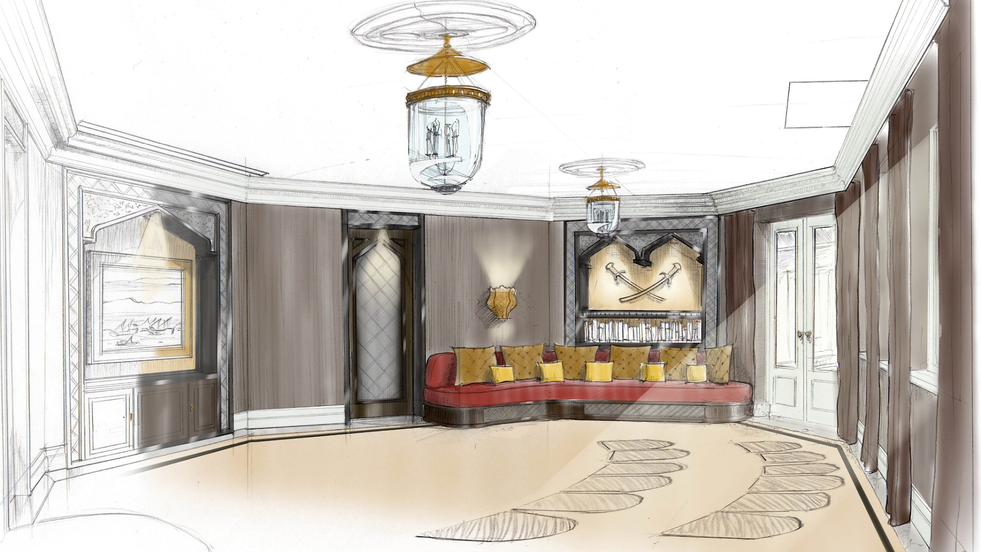 Shows home cinema room design, room elements
