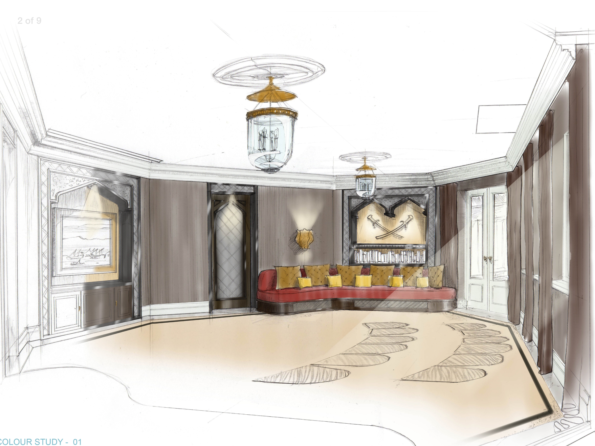 Shows home cinema room design, room elements