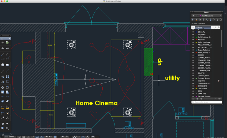 Drawing of small home cinema room, this was a very small space and a techncial challenge.