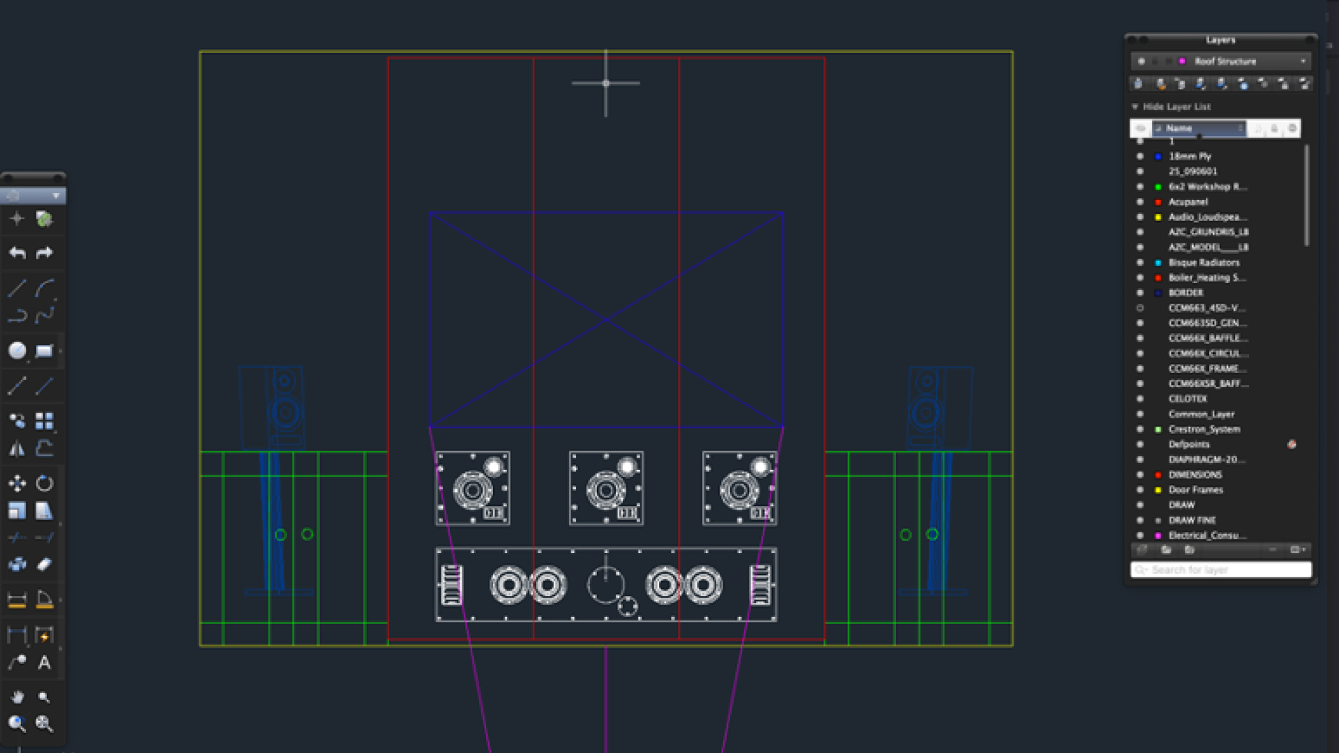 Drawing showing the front sound stage in a small home cinema room.