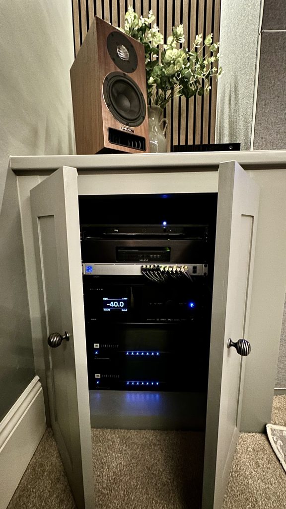 Equipment rack in small home cinema cupboard.