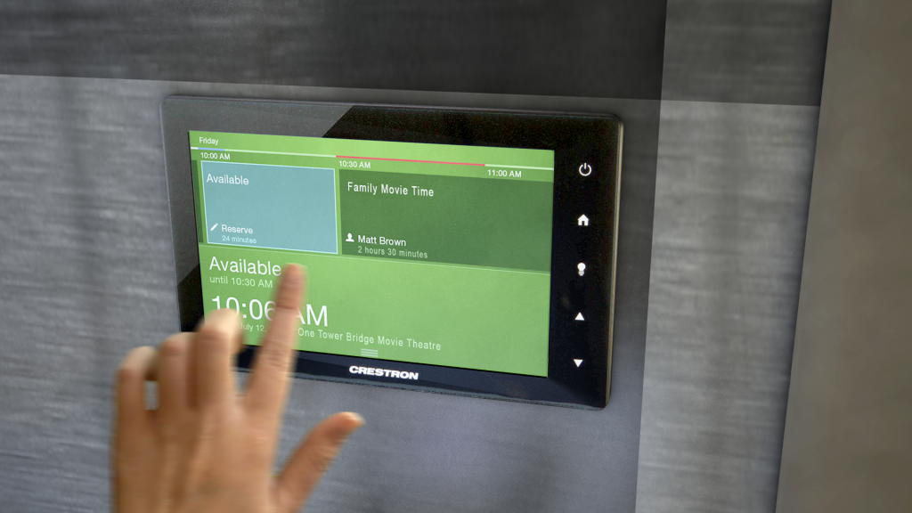 Shows Crestron touchpanel booking system for private Residents Cinema