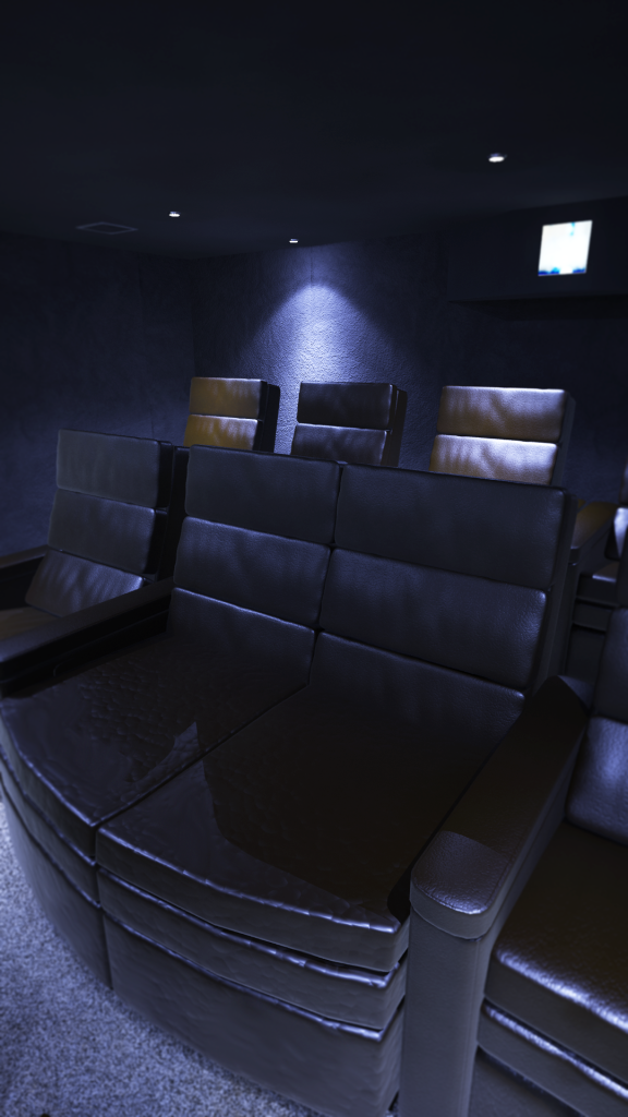 Leather home cinema seats in communal screening room.
