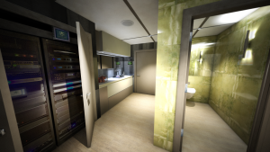 Communal cinema facilities, equipment rack, WC and kitchen.