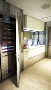 Communal cinema kitchenette and equipment rack.