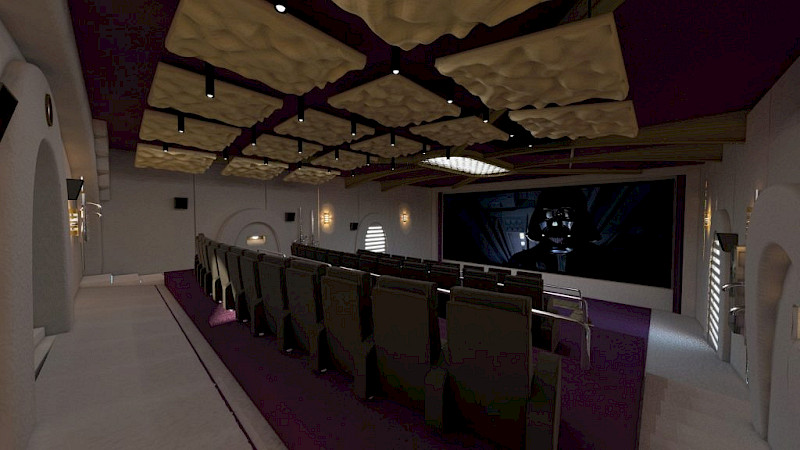 View of private home cinema from back right of room, showing seating, screen and aesthetic details.