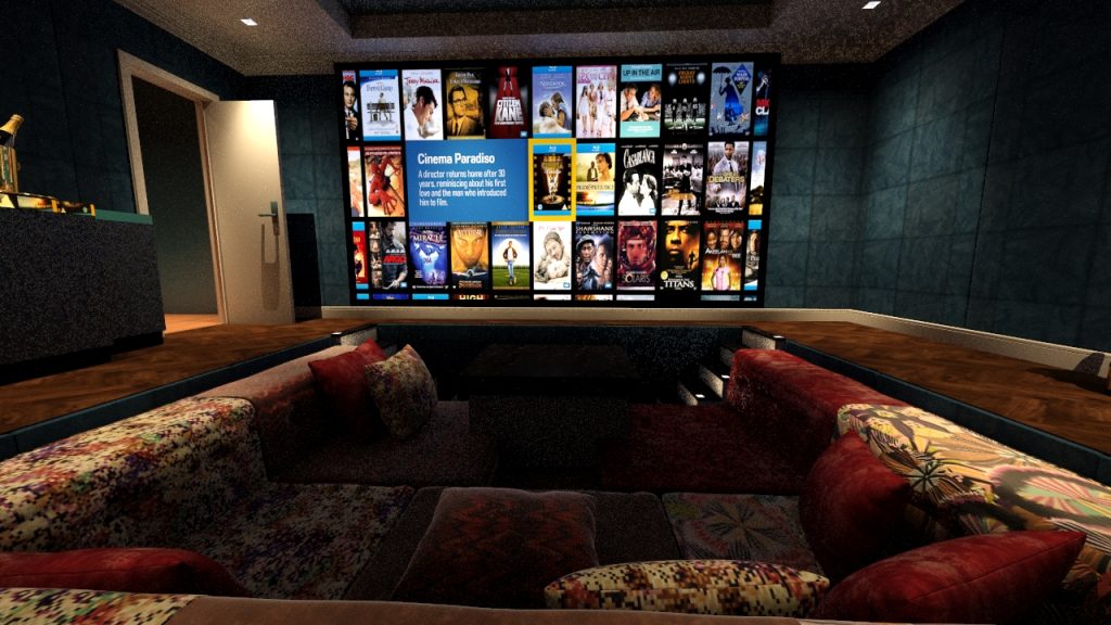 Home cinema room viewed from sunken seating area, screen shows Kaleidescape movie server.
