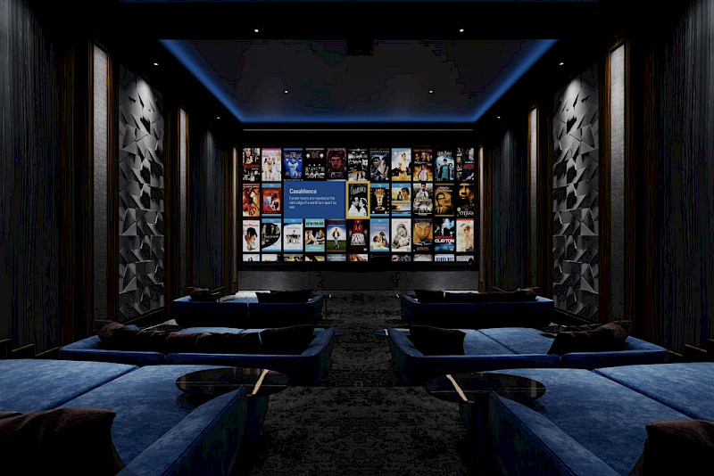 Home cinema system with Fortress seating and Kaleidescape. This is a larger sized room in relation to the question our clients always ask - how big should a home cinema room be?