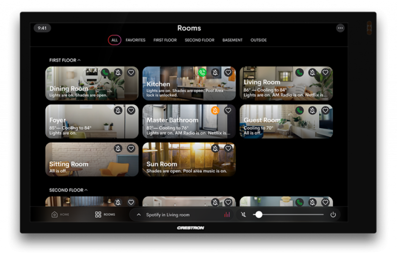 Shows Crestron Home OS4 View of home, with status and room images.